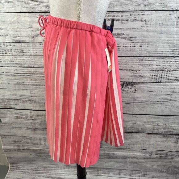 Joe Fresh Skirt size Medium Coral Pink Pleated Knee A Line Sheer Modest Church - Picture 6 of 8